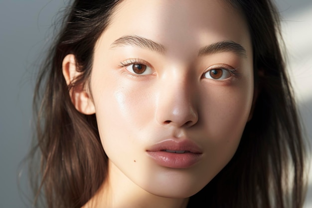 写真 美しいアジア人女性の肖像画 完璧な健康な光る肌の顔面