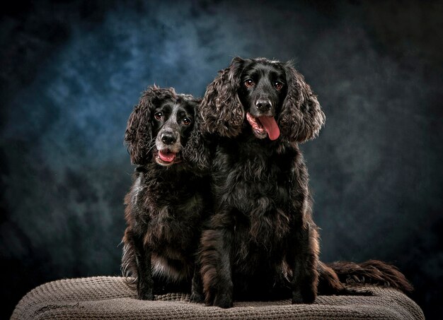 写真 家の壁に寄りかかって座っている黒い犬の肖像画