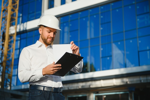 Фото Портрет строительного инспектора с цифровым планшетом на строительной площадке