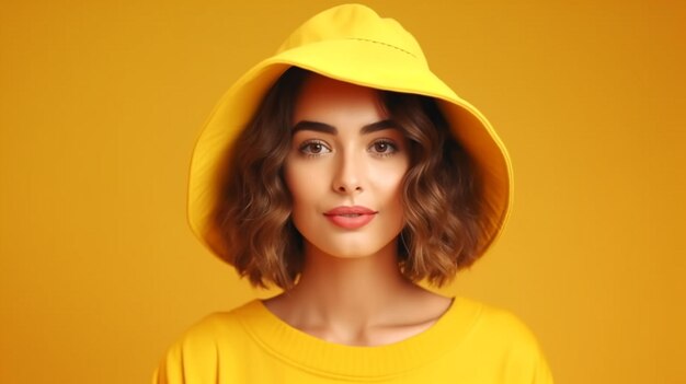 Фото Портрет веселой красивой милой леди в стильной одежде демонстрирует пустое пространство летняя скидка изолирована на желтом фоне генеративный ии