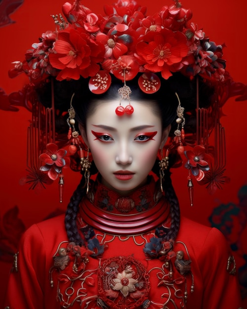 사진 빨간색 의상과 머리 액세서리를 입은 중국 젊은 여성의 초상화 중국 새해 개념