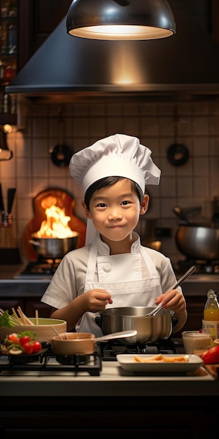 사진 부 ⁇ 에서 맛있는 음식을 요리하는 귀여운 중국 소년 요리사의 초상화 미래의 요리사와 학습