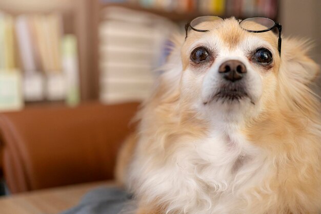 写真 家で眼鏡をかけた犬の肖像画