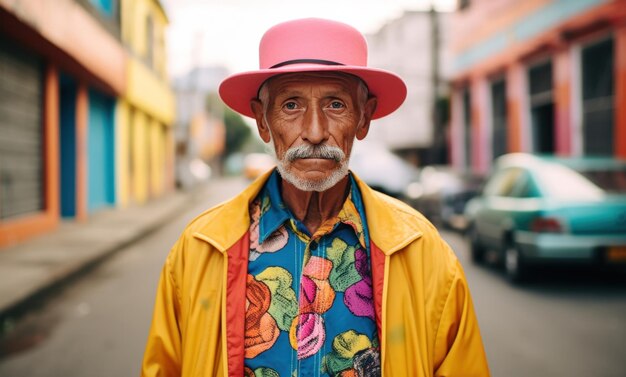 사진 다채로운 재과 모자 를 입고 도시 거리에서 서 있는 노인 의 초상화