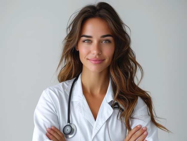 Фото Портрет улыбающейся европейской женщины-доктора в лабораторном халате с скрещенными руками, носящей стетоскоп