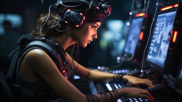 사진 어두운 방에서 가상 헤드 ⁇ 과 함께 컴퓨터 게임을 사용하는 헤드폰을 착용한 여성 게이머의 초상화