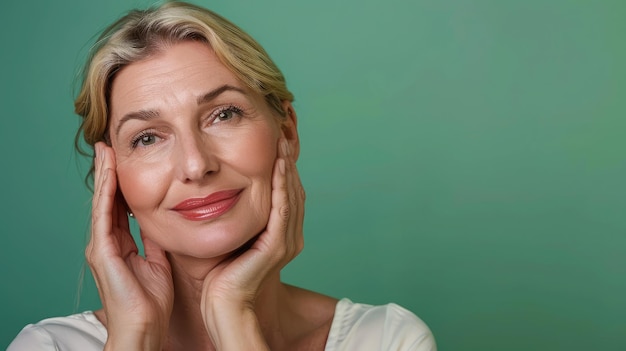 사진 화려하고 행복한 중년 성숙한 여성의 초상화, 카메라를 바라보는 50 세 여성, 그녀의 얼굴을 만지는 녹색에 고립 된 반 주름 피부 관리 치료의 리프팅 광고