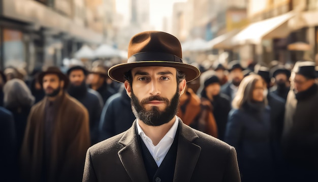 写真 他の人々の背景に対するハンサムなイスラエルのユダヤ人男性の肖像画