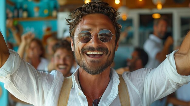 Фото Портрет симпатичного мужчины, делающего селфи с друзьями в кафе улыбающийся мужчина в солнцезащитных очках
