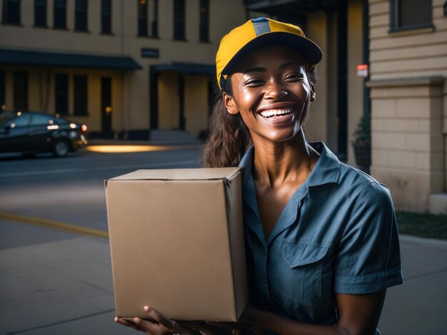 写真 portrait of happy african american delivery woman holding a box package outside delivery concept generative ai