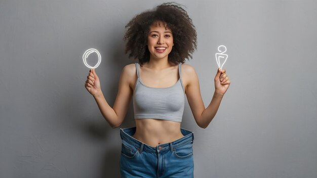 写真 portrait of happy beautiful slim waist of young woman in big jeans and gray top showing successful