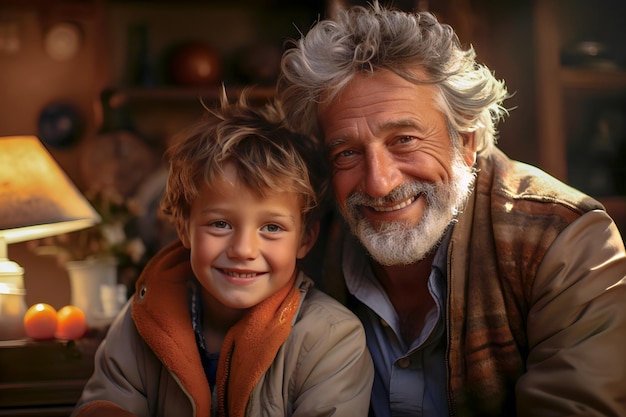 Фото Портрет счастливого деда и внука, сидящих дома в кресле.