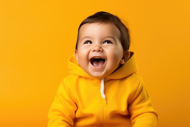 写真 黄色い背景の幸せな小さな男の子の肖像画