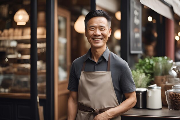 사진 그의 가게의 문 앞에 서있는 행복한 남자의 초상화 커피에서 고객을 기다리는 즐거운 성숙한 웨이터 회색 치마를 입은 캐주얼로 성공한 소규모 사업주