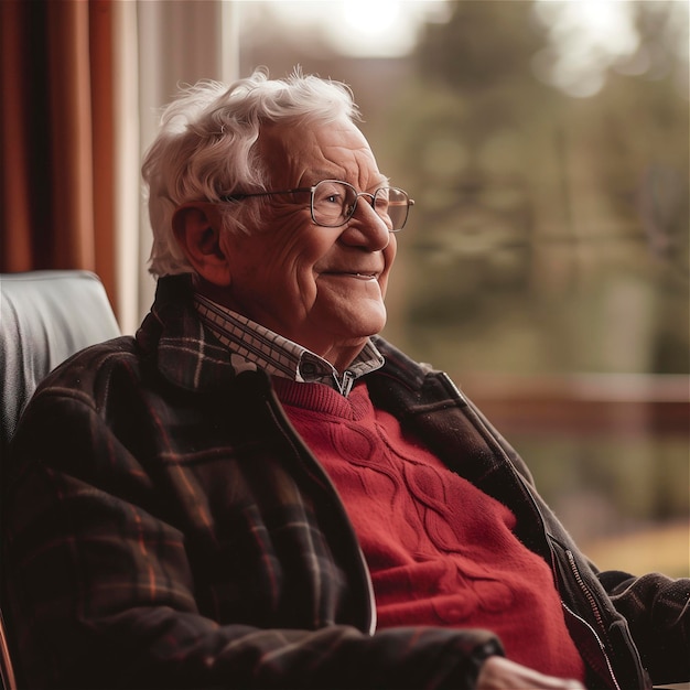 写真 窓のそばに座っている幸せな引退した高齢者の肖像画 満足した老人がカメラを見て窓の近くでリラックスしながら微笑んでいる ポジティブで自信のある高齢者は引退を楽しんでいます
