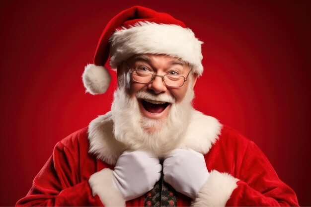 Портрет счастливого Санта-Клауса в очках на красном фоне