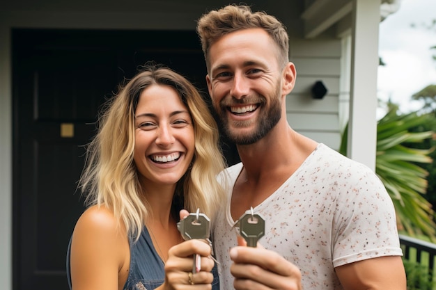 写真 幸せな若い白人夫婦の肖像画 家の鍵を示す 共同で最初の共有住宅を買う 笑顔の賃貸人 男性と女性が新しい家に引っ越す 現実の賃貸移転の概念