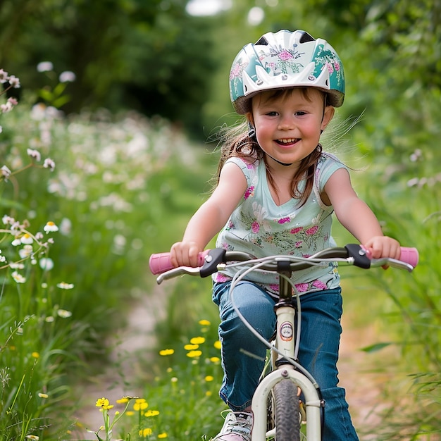 Фото Портрет радостного езды на велосипеде для детей на открытом воздухе