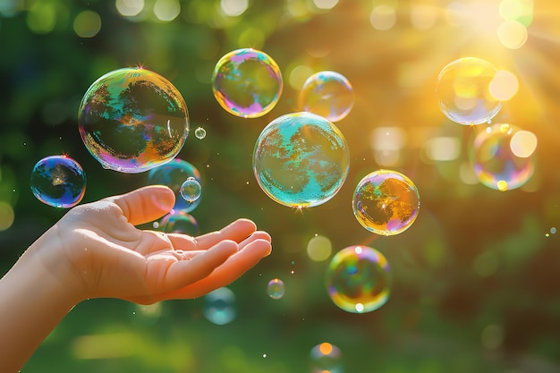 Фото Портрет детей, играющих рукой с мыльными пузырьками в саду с большим размытым пространством для текста или рекламы продукта генеративный ии