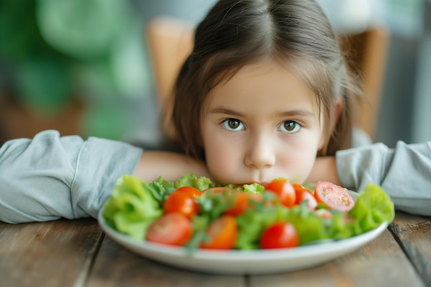 写真 サラダに嫌悪感を表す小さな女の子の肖像画