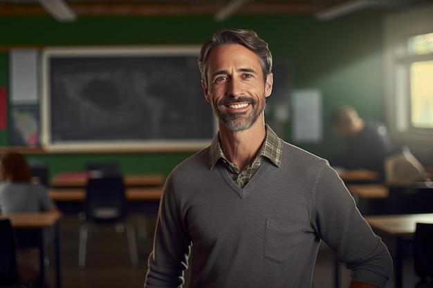 Фото Портрет учителя-мужчины, улыбающегося на фоне в стиле боке в классе