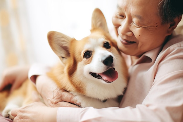 写真 可愛いコルギー犬のペットコンセプトを抱きしめる男と女の肖像画