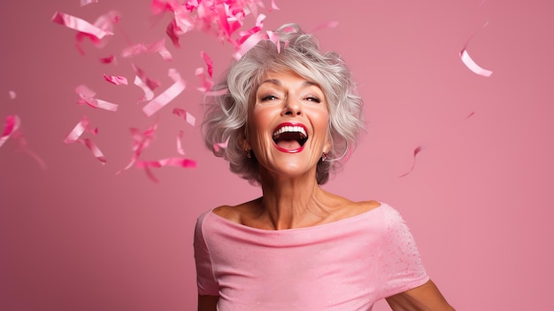 Фото Портрет зрелой женщины, празднующей на розовом фоне