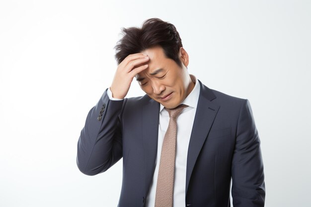 写真 頭痛を持つグレーのスーツを着た中年のアジア系ビジネスマンの肖像画