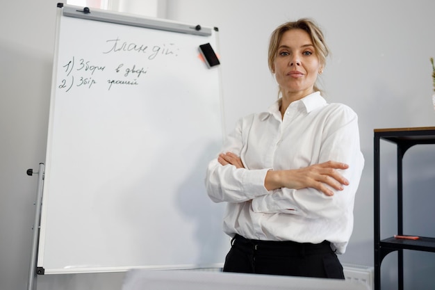 Фото Портрет позитивной деловой женщины в белой рубашке со скрещенными руками возле магнитного флипчарта