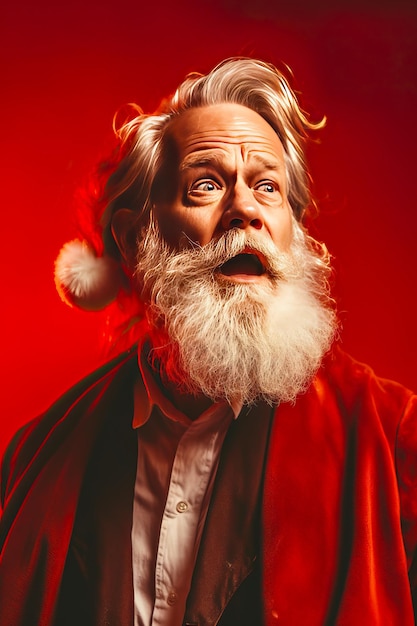 사진 분노에서 기과 놀라움에 이르기까지 다양한 표현을하는 산타클로스의 초상화 크리스마스 개념과 감정