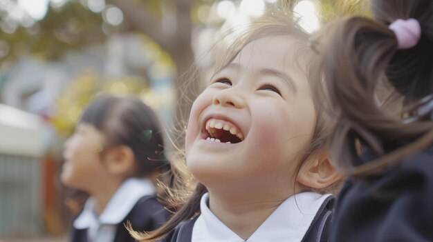 사진 똑똑한 초등학교 학생이 다양한 친구와 함께 웃는 초상화