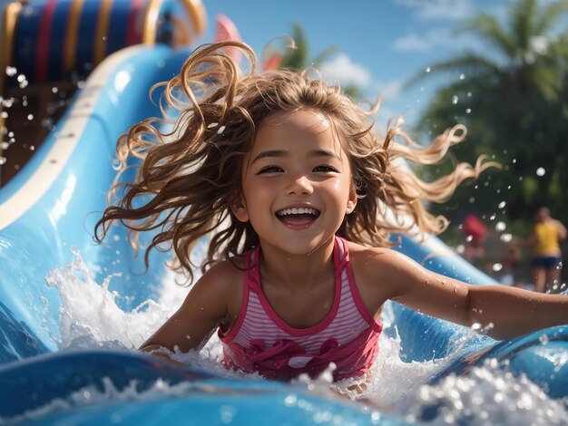 写真 水上スライドで笑顔の子供の肖像画