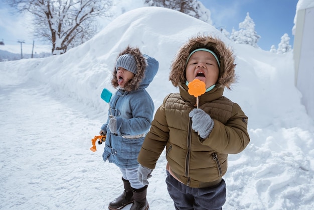 写真 笑顔の少年が氷を握っている肖像画