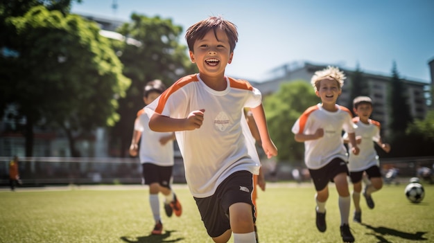 写真 晴れた日にサッカー場でサッカーをしている笑顔の男の子の肖像画