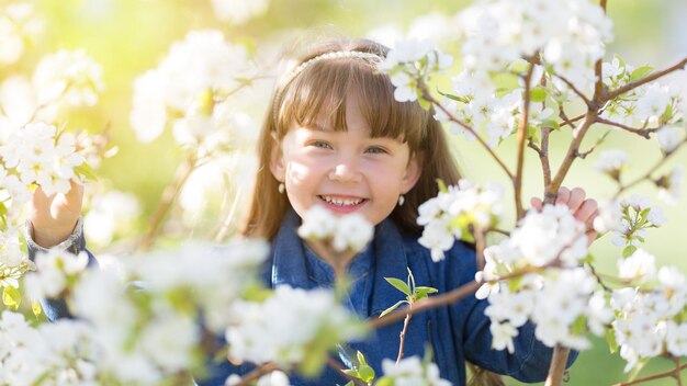写真 桜の花を眺める笑顔の女の子の肖像画