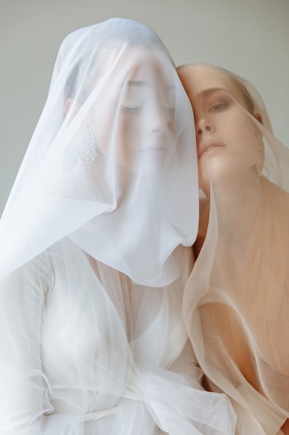 사진 가벼운 베일으로 덮여 두 아름 다운 여자의 초상화