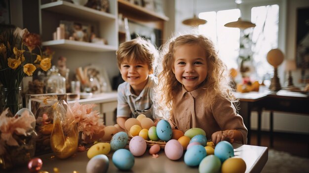 写真 イースターの装飾品の中の2人の子供の肖像画