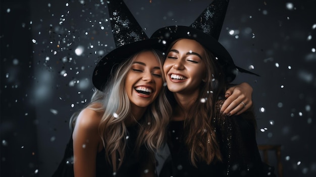 사진 검은 마녀 할로윈 의상을 입은 두 명의 행복한 젊은 여성의 초상화