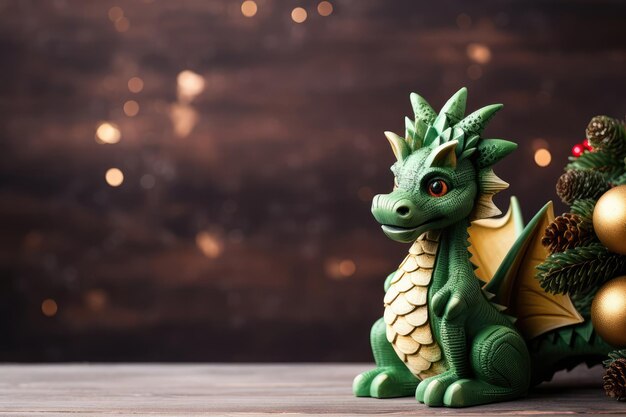 Фото Портрет деревянного зеленого магического фантастического дракона на деревянном фоне с праздничным рождеством