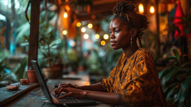 Фото Портрет молодой африканской женщины, использующей ноутбук, сидящей в кафе