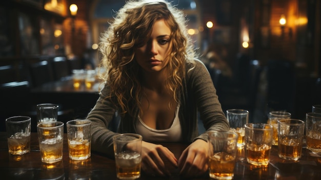 사진 술집의 바 카운터에서 위스키를 마시는 젊은 알코올 중독 여성의 초상화