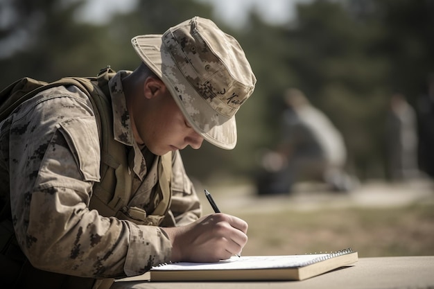 Фото Портрет молодого американского солдата, пишущего на листе бумаги