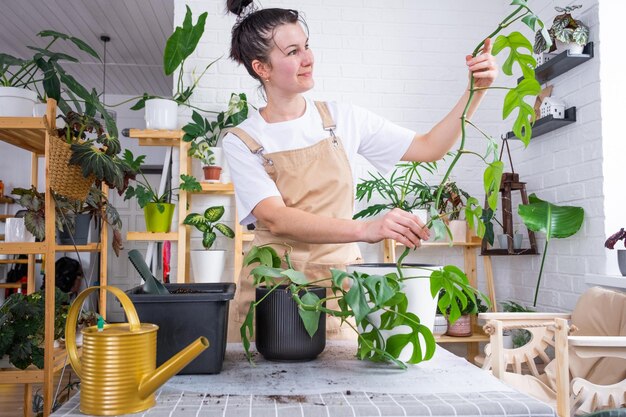 写真 鉢の植物を持った若い女性の肖像画