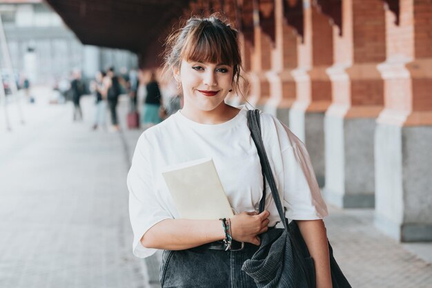 写真 街に立っている若い女性の肖像画