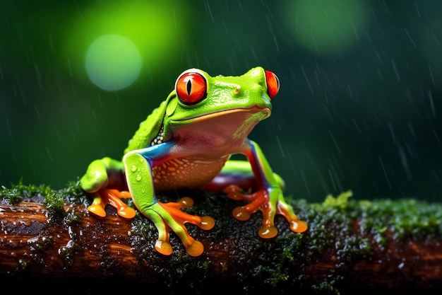 Portrait og green tree frog sit on wet wooden in the rain generative AI