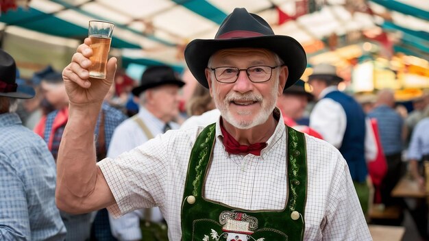 Портрет Oktoberfest пожилого человека в шляпе в традиционной баварской одежде