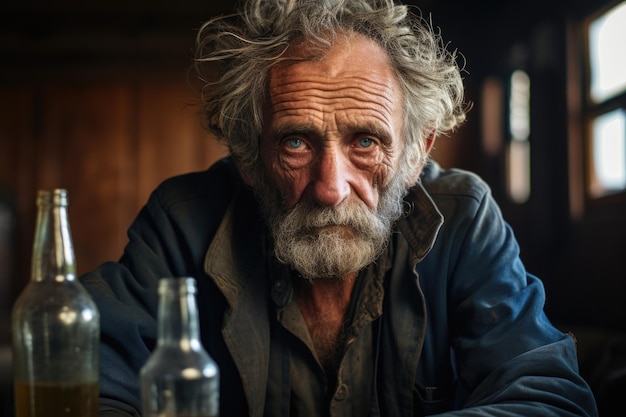 Portrait of old alcoholic man in depressed and lonely Drunk senior man looking at camera Social issues concept