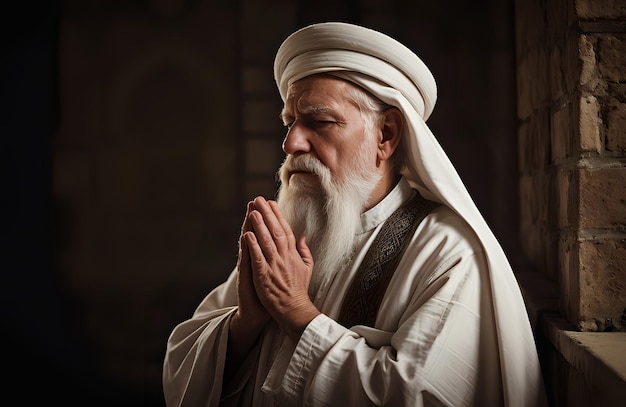 Portrait of an old Arab man with white beard wearing traditional clothes doing prayer in an old mosque Copy space