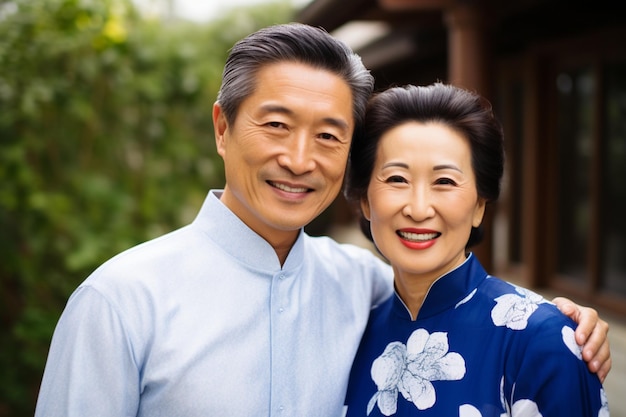 Portrait of old asian couple with kimono