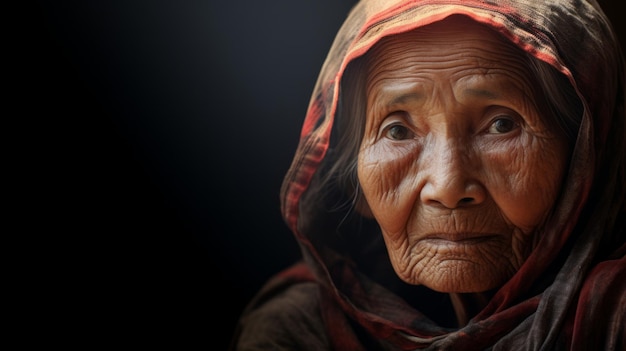 Portrait of an old asian woman on a dark background neural network ai generated